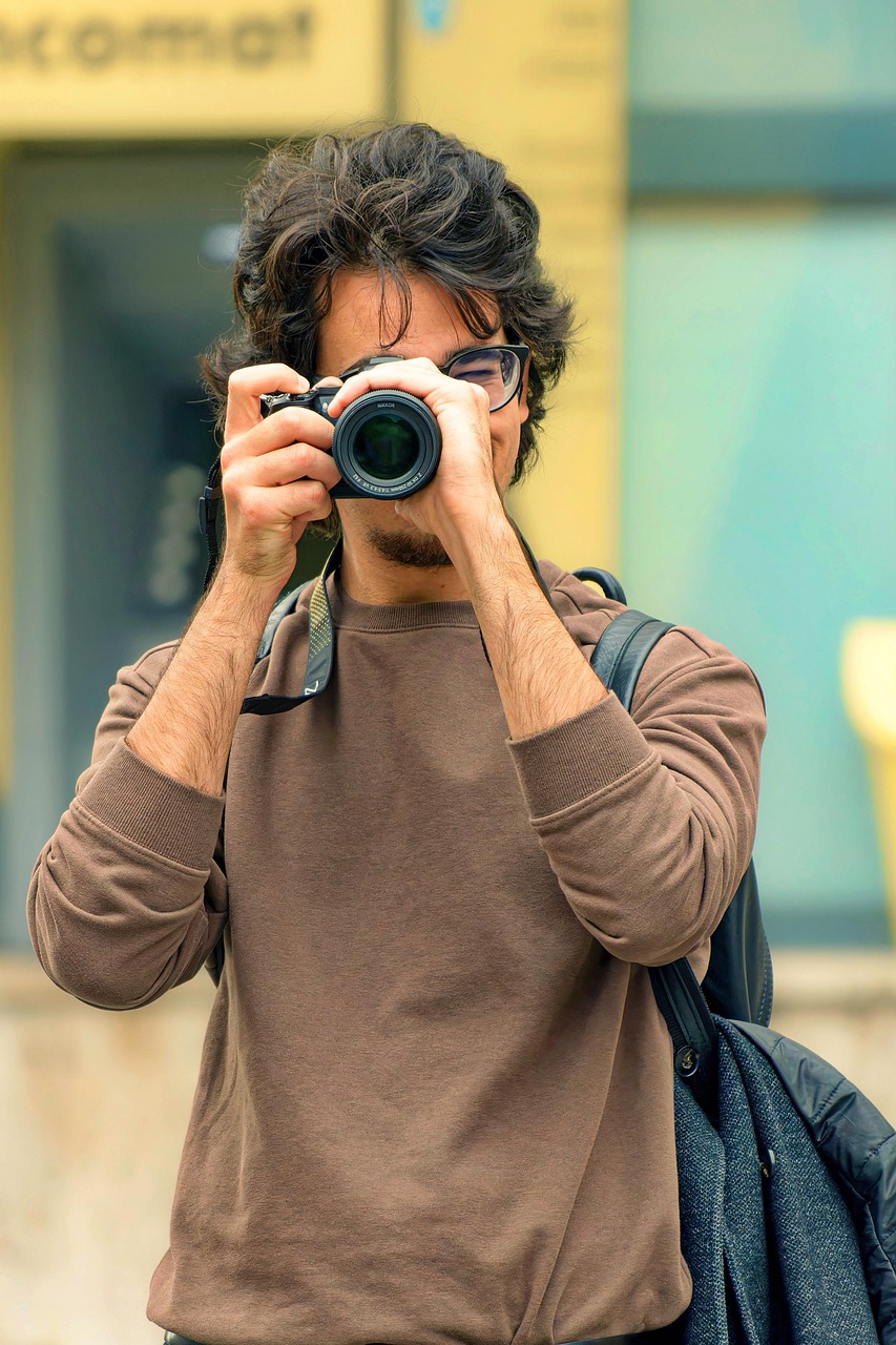 boy, camera, photographer, casual, young, glasses, photographing, digital camera, photo lens, bag, outdoors, interests, lifestyle